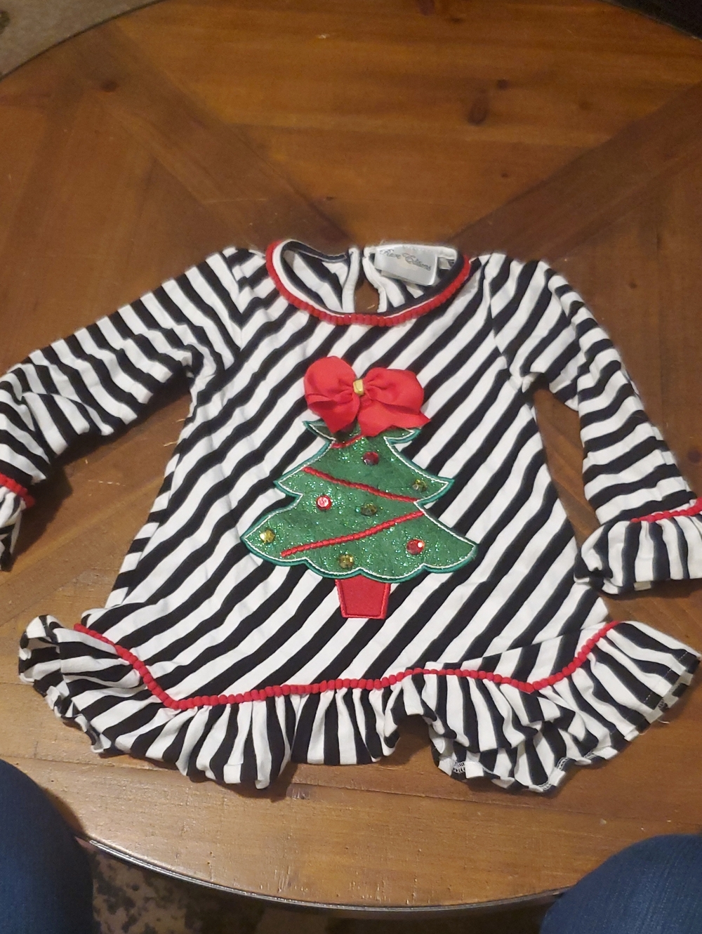 Rare Editions Black & White Striped Girls Christmas Top with Red Trim
